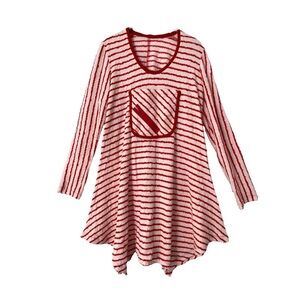 Vintage Y2K Tunic Top Dress Stretch Asymmetrical Hem Striped Zipper Red White M